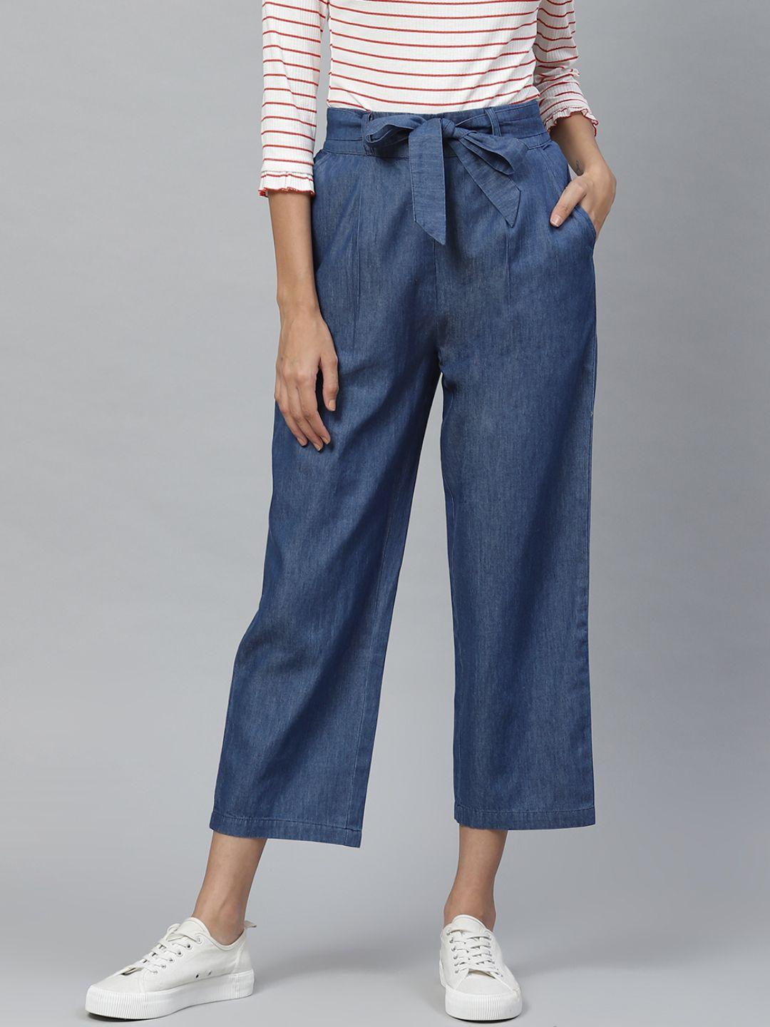 yash gallery women blue solid cropped denim trousers