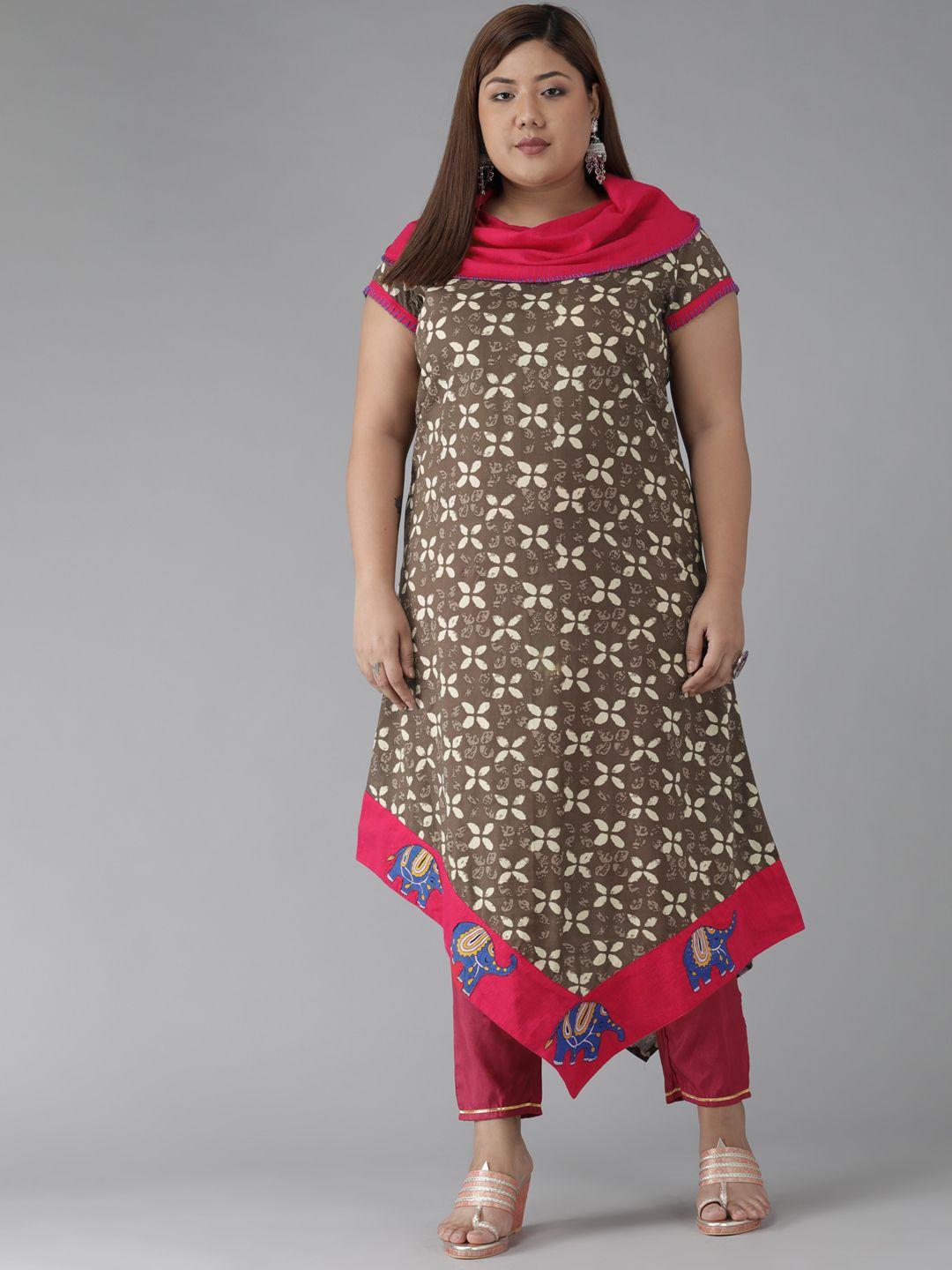 yash gallery women brown & pink geometric printed cowl neck kurta