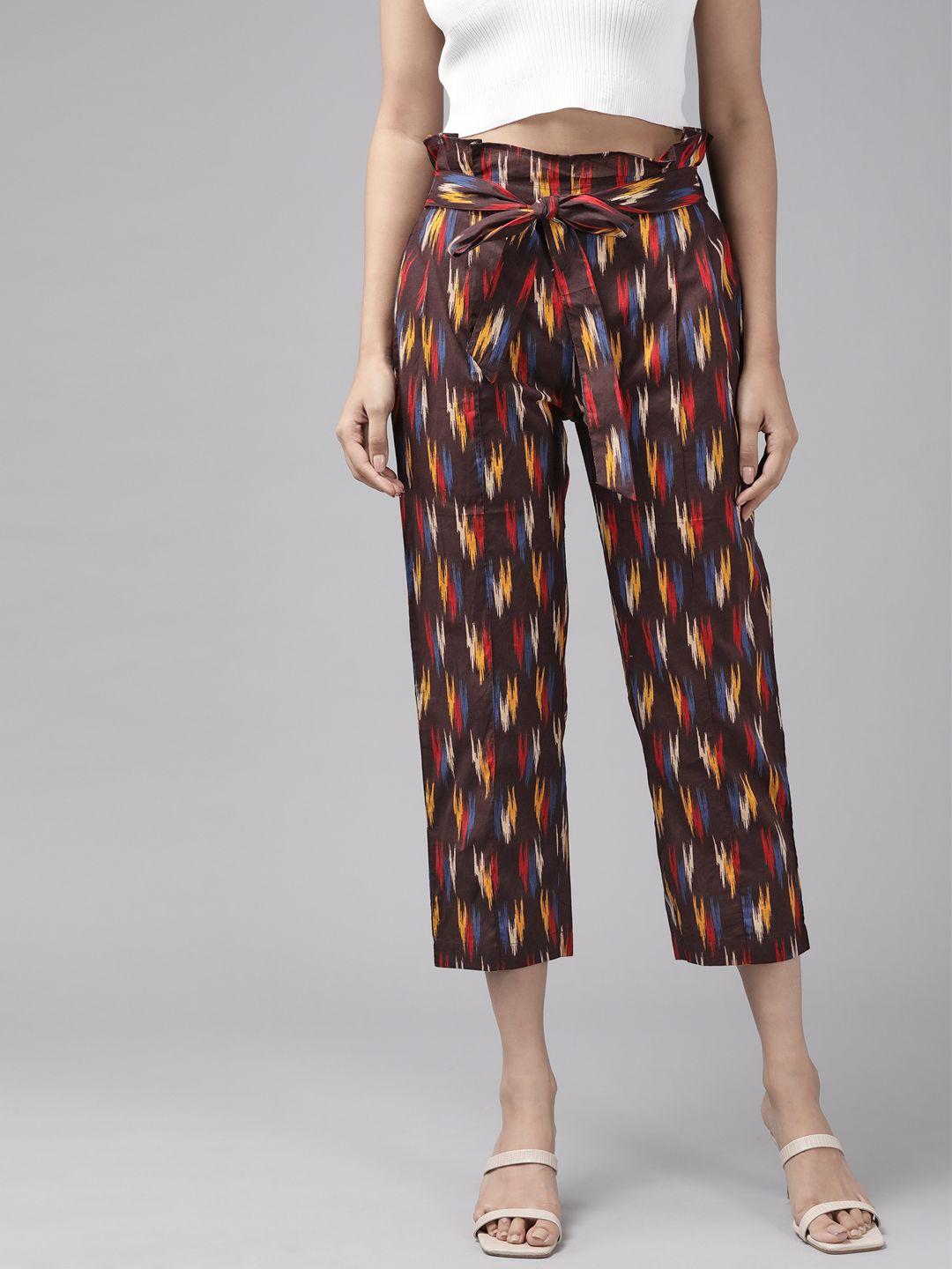 yash gallery women coffee brown & red printed peg trousers