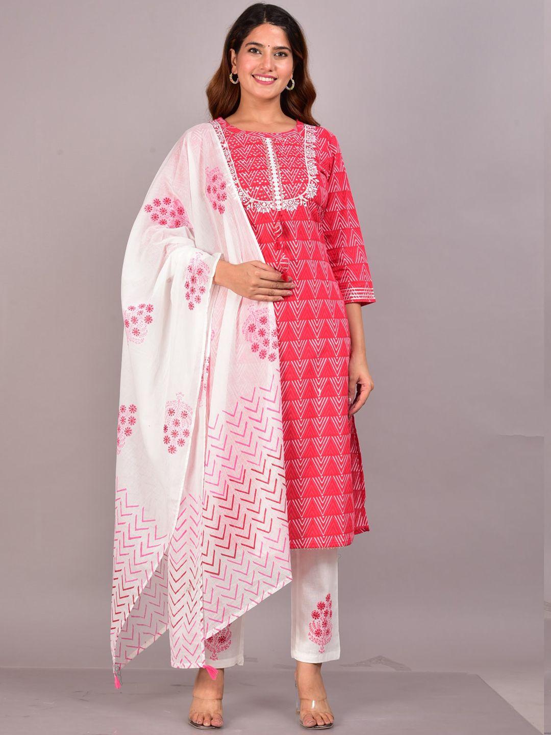 yash gallery women geomentric printed pure cotton kurta with trousers & with dupatta