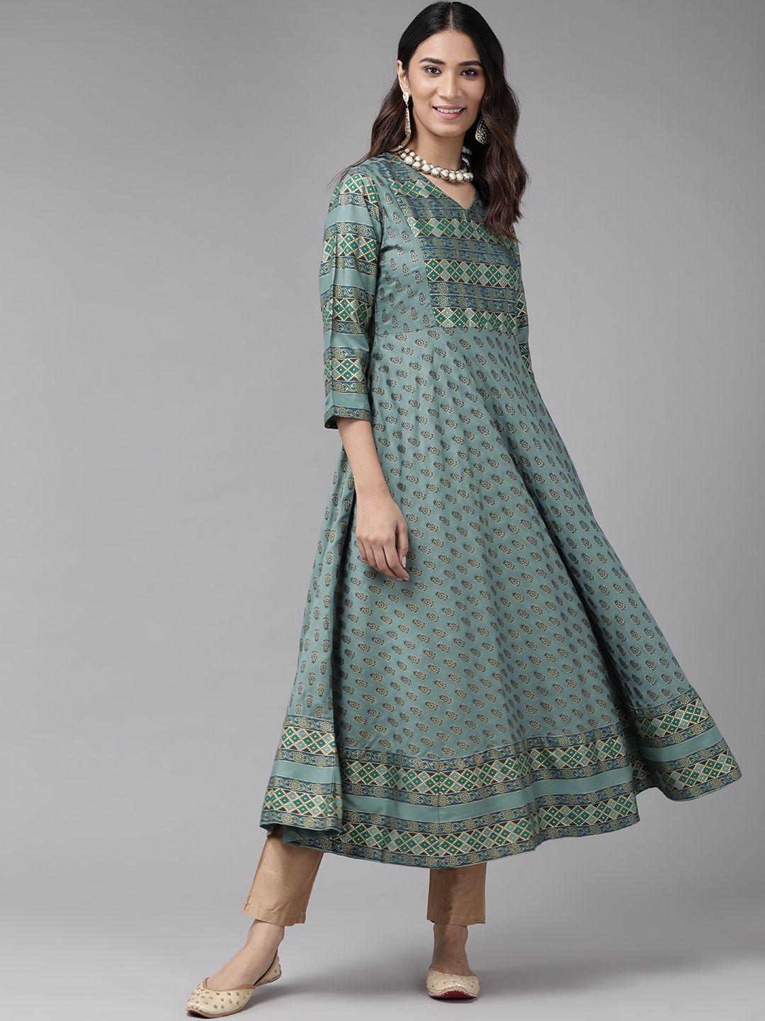 yash gallery women green & blue ethnic motifs printed kurta