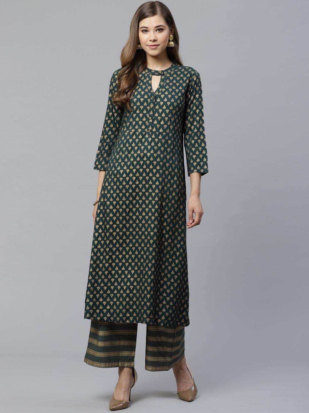 yash gallery women green & golden printed kurta with palazzos