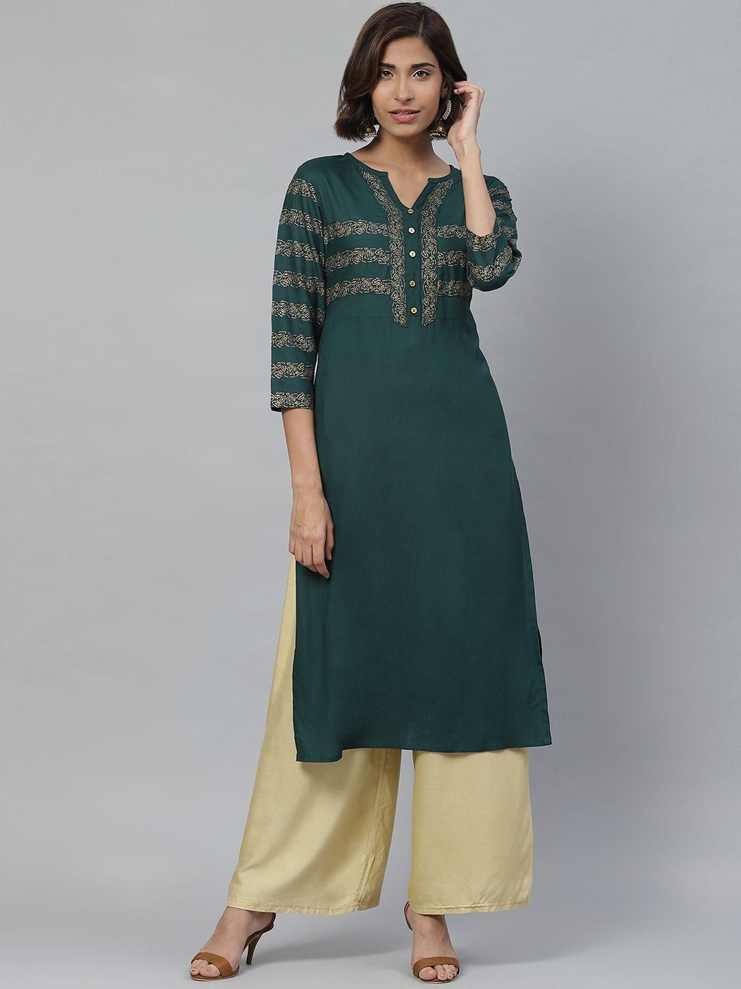 yash gallery women green & golden yoke design straight kurta