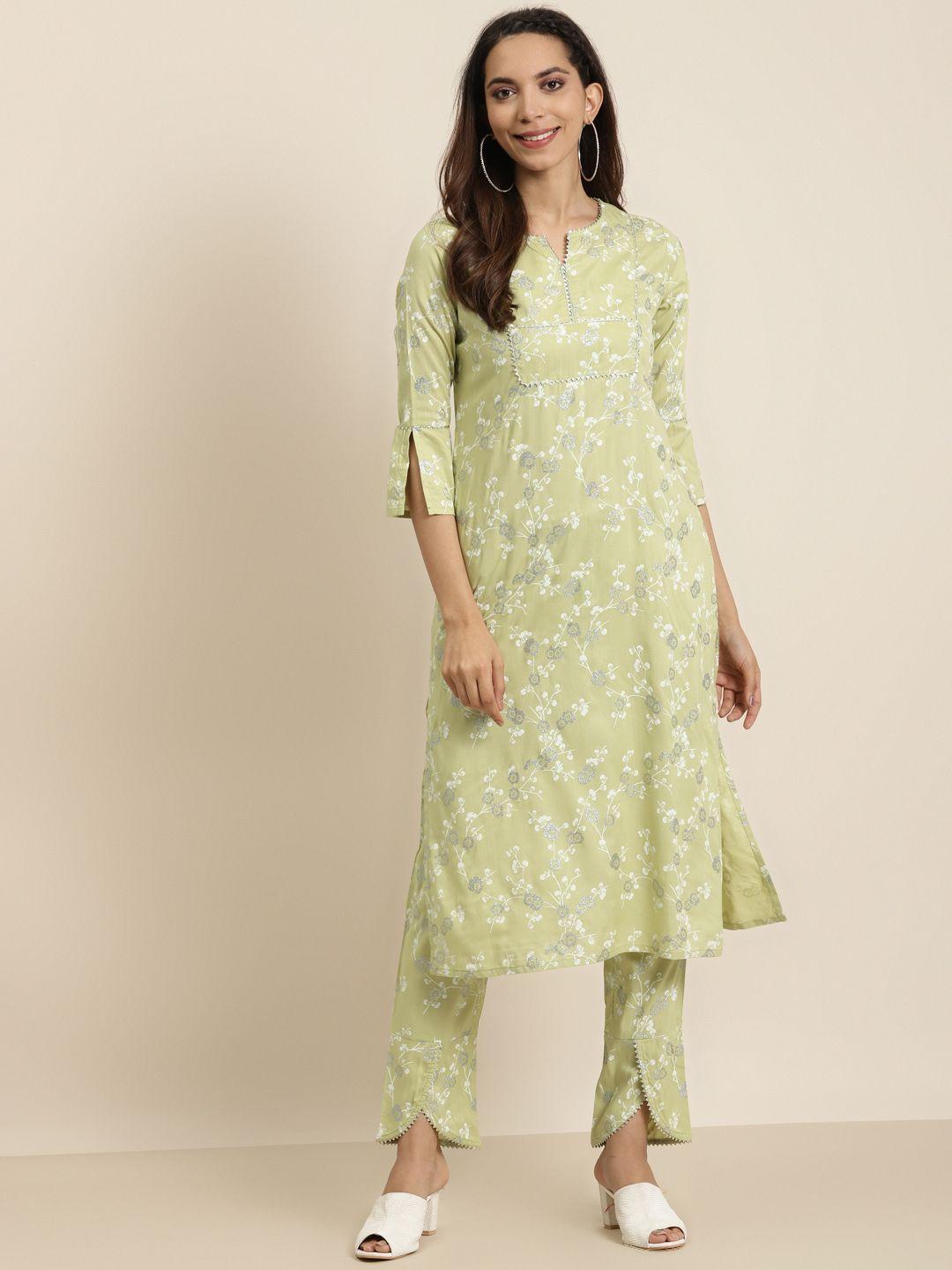 yash gallery women green & off-white printed kurta with trousers