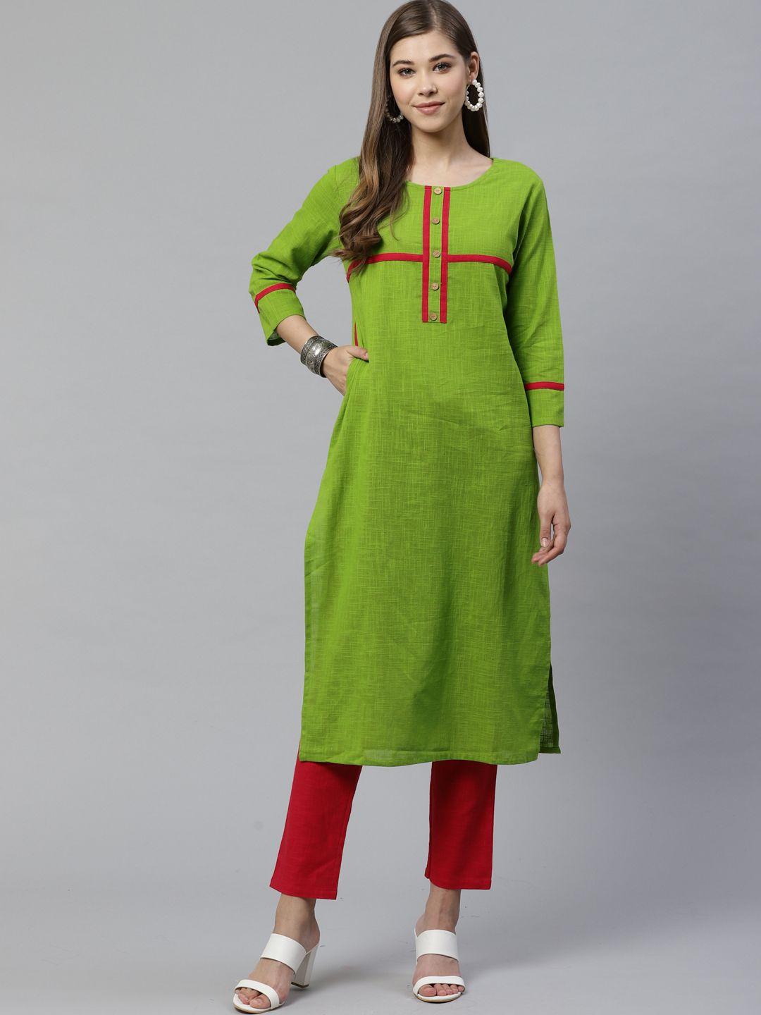 yash gallery women green & pink solid kurta with trousers