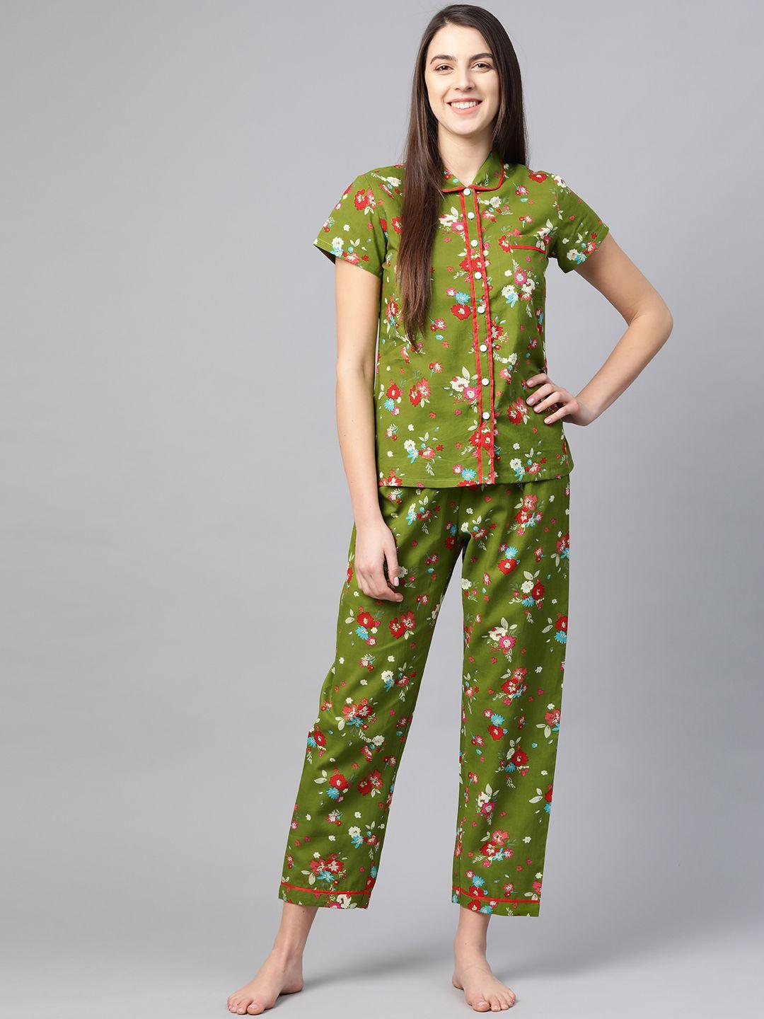 yash gallery women green & red floral printed night suit