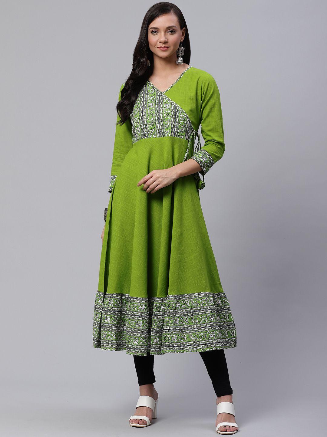 yash gallery women green & white kalamkari yoke design angrakha anarkali kurta