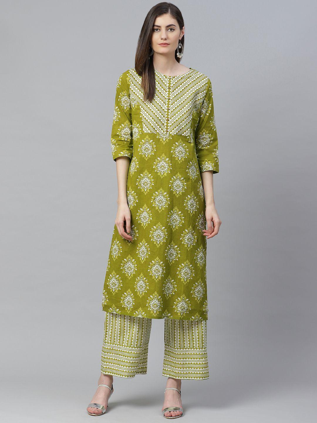 yash gallery women green & white printed kurta with palazzos