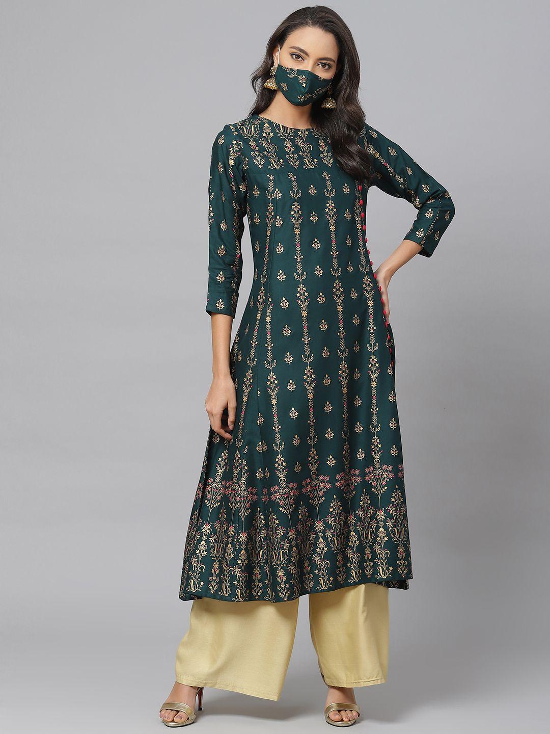 yash gallery women green  golden printed a-line kurta