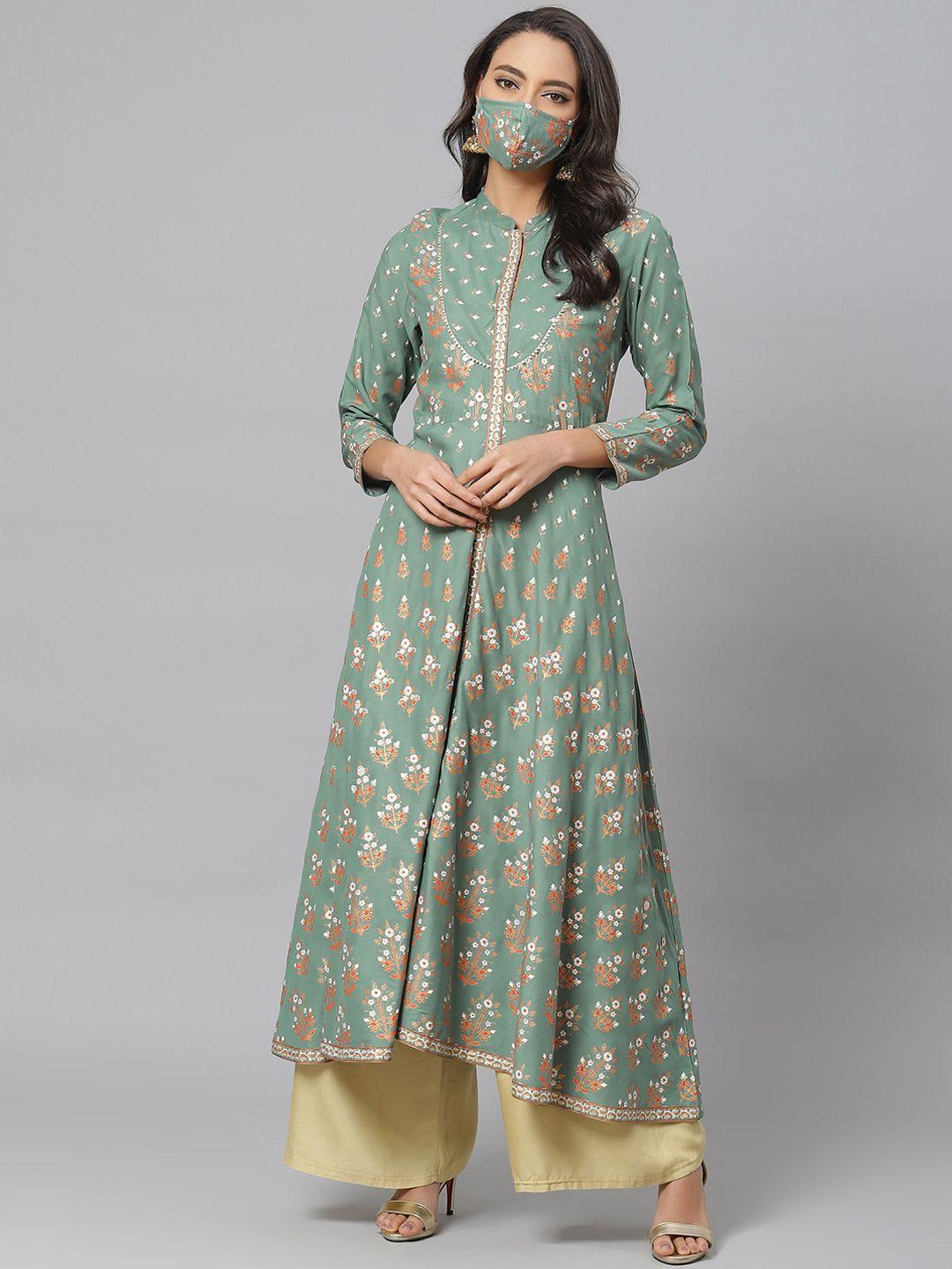 yash gallery women green  pink printed anarkali kurta