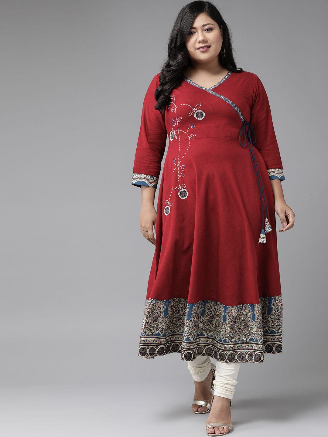 yash gallery women maroon & beige ethnic motifs embroidered a-line kurta