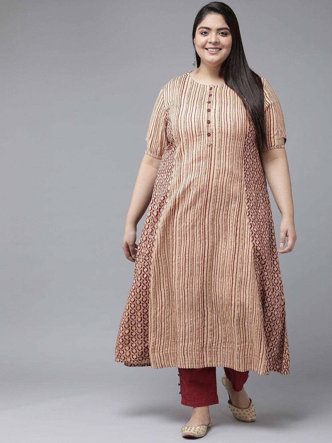 yash gallery women maroon & beige striped kurta