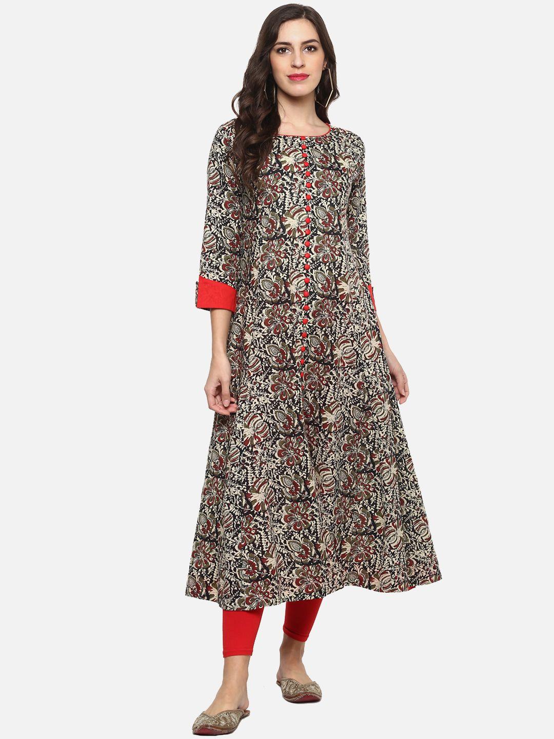 yash gallery women maroon & green floral printed a-line kurta