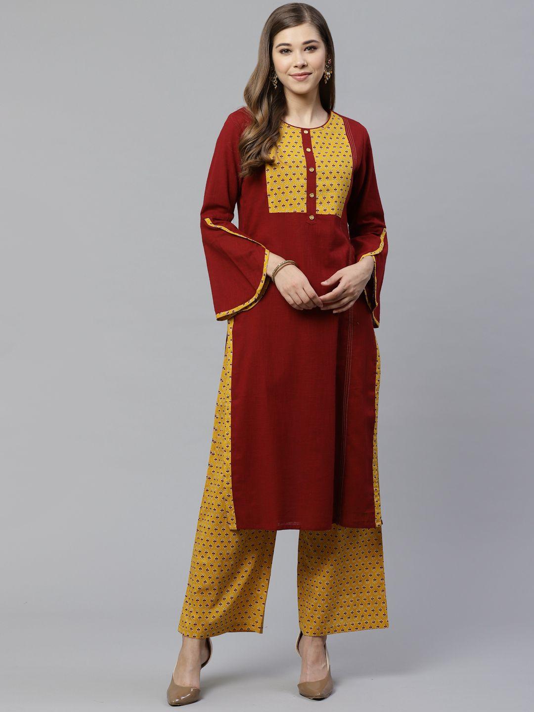 yash gallery women maroon & mustard yellow yoke design kurta with palazzos