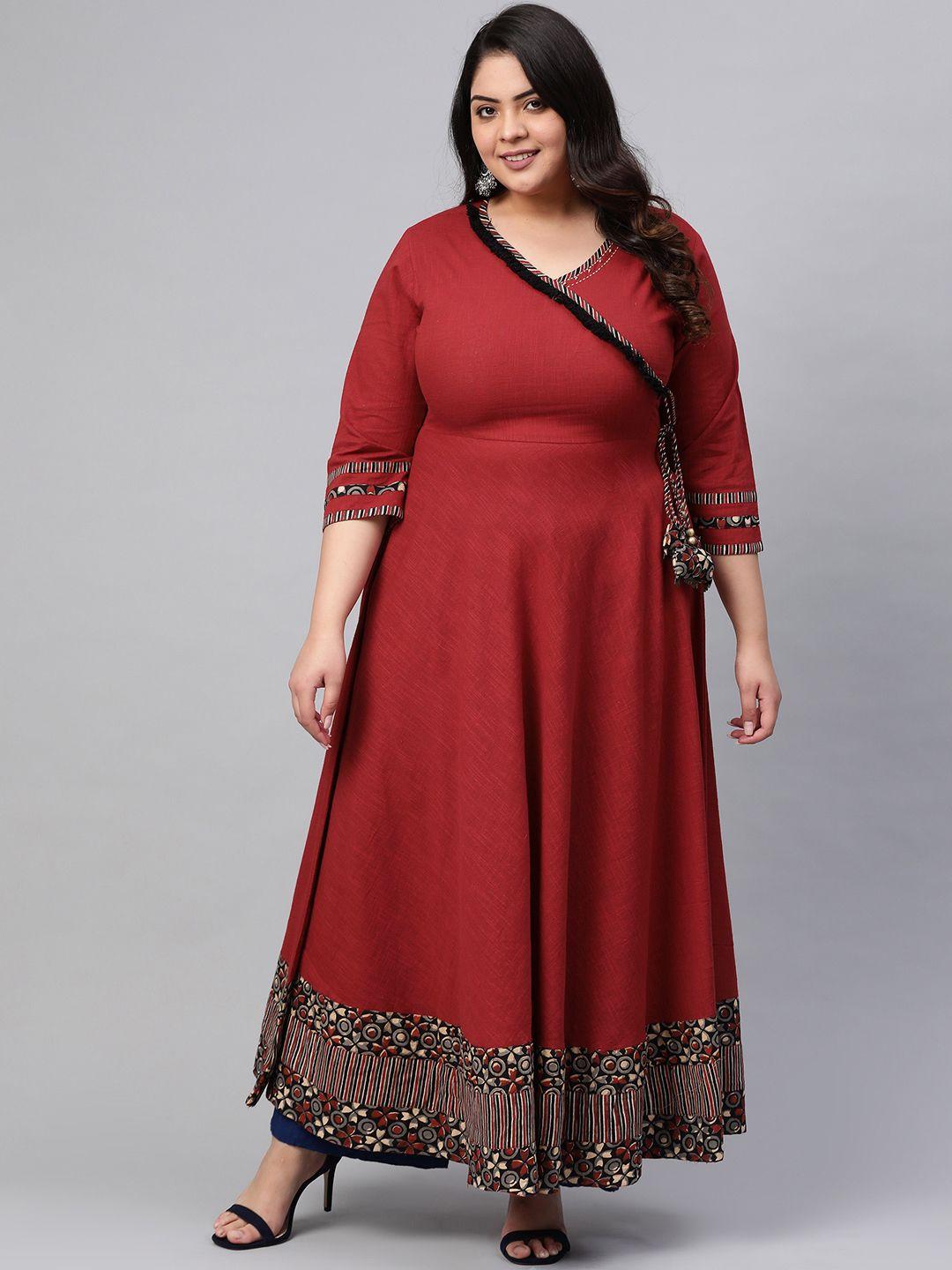 yash gallery women maroon plus size solid angrakha anarkali kurta