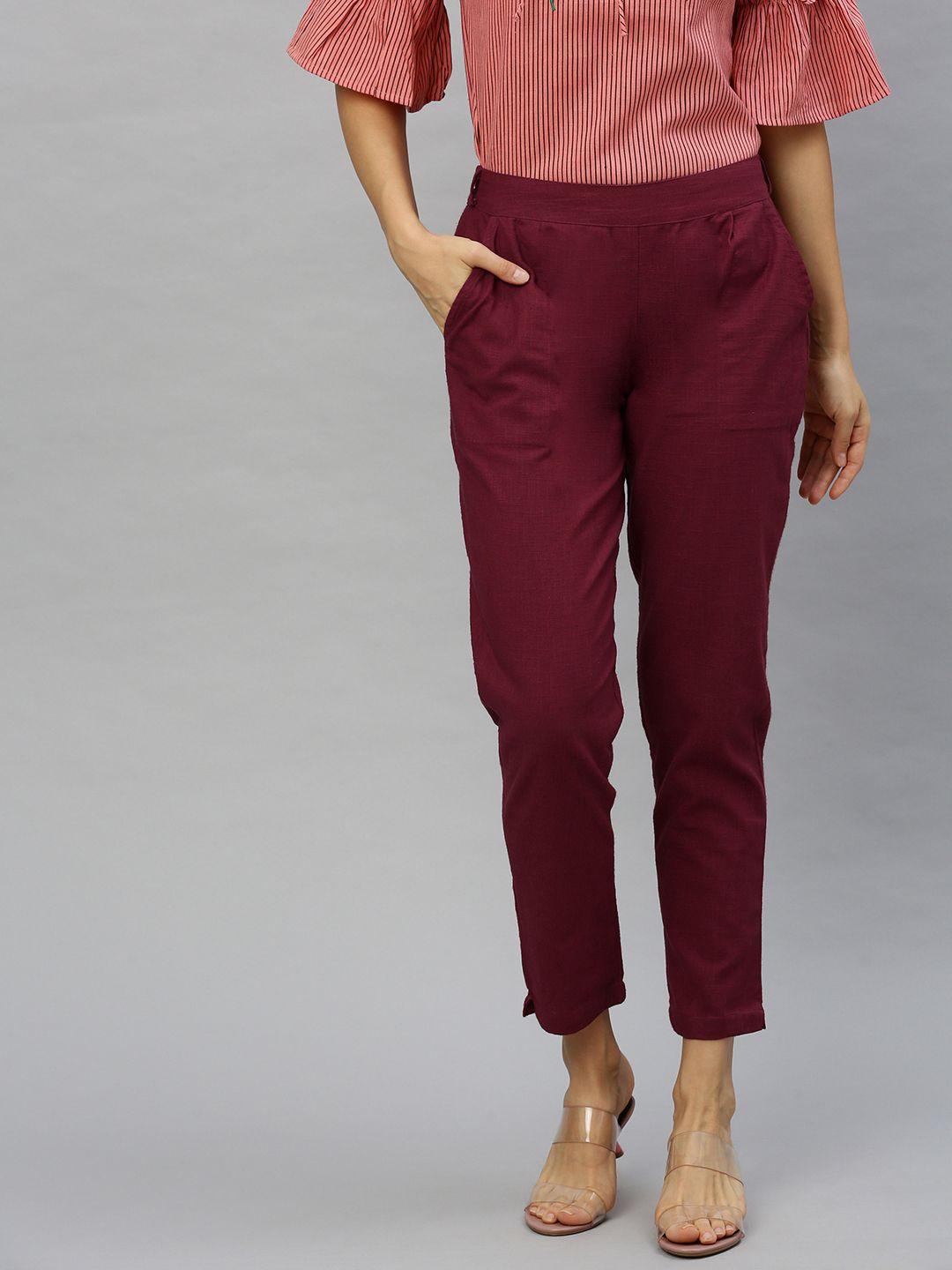 yash gallery women maroon straight fit solid cigarette cropped trousers