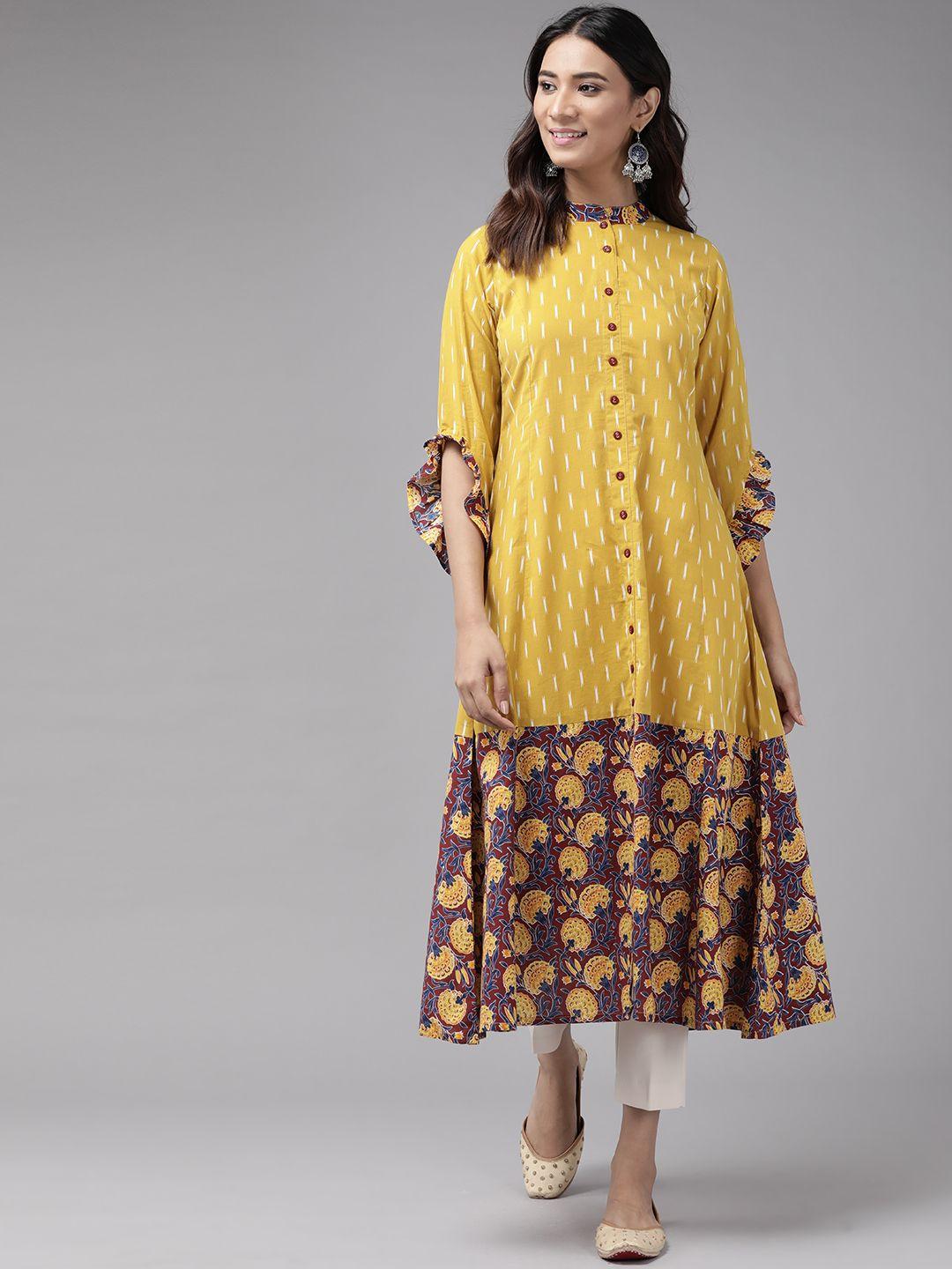 yash gallery women mustard yellow & maroon ethnic motifs printed kurta