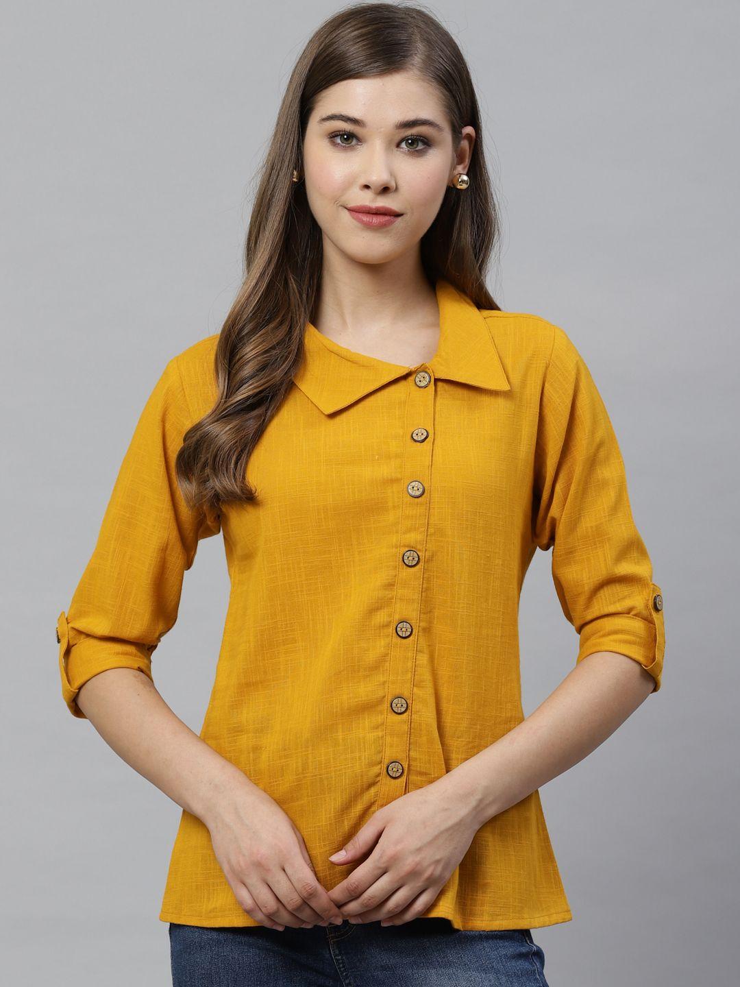yash gallery women mustard yellow regular fit solid casual shirt