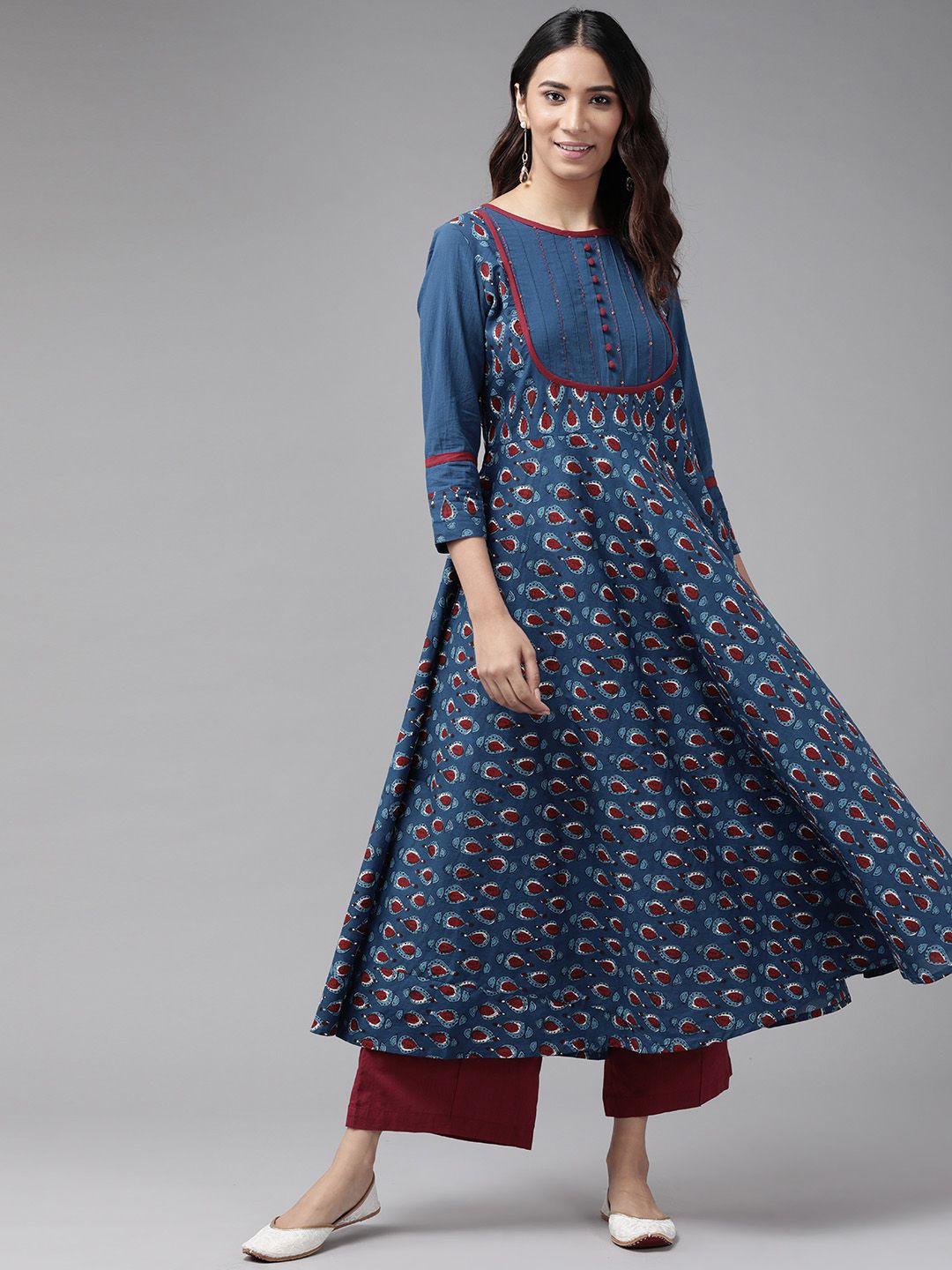 yash gallery women navy blue & maroon ethnic motifs printed cotton indigo kurta