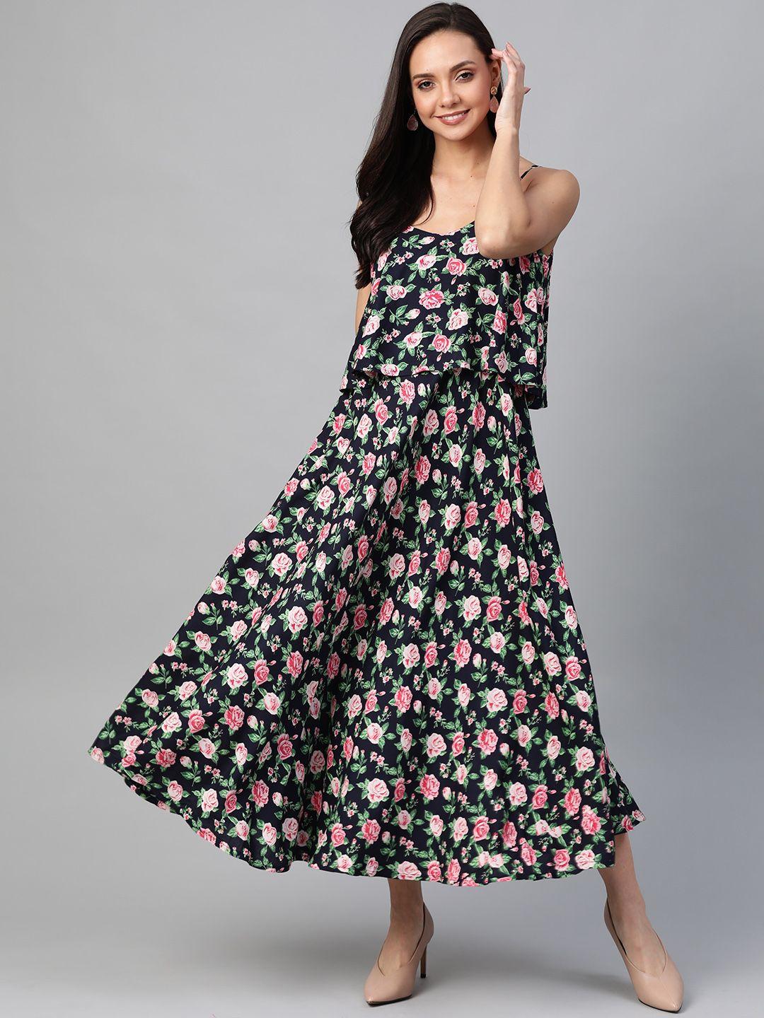 yash gallery women navy blue & pink floral printed maxi dress