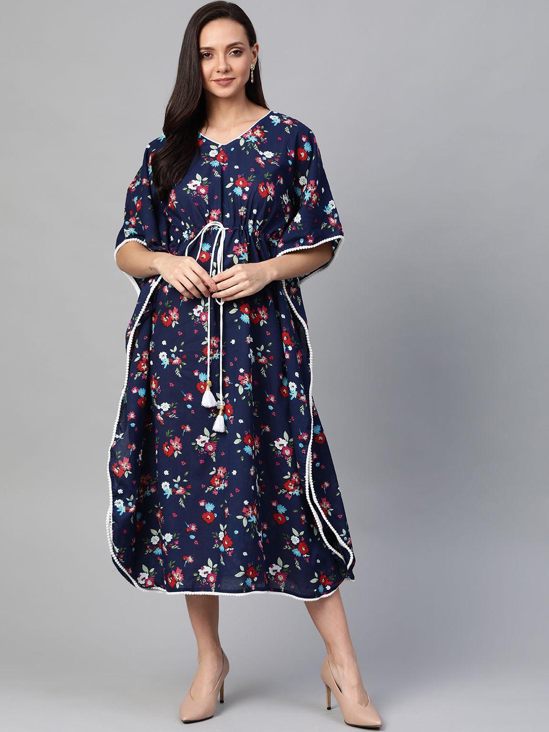 yash gallery women navy blue & pink printed kaftan dress