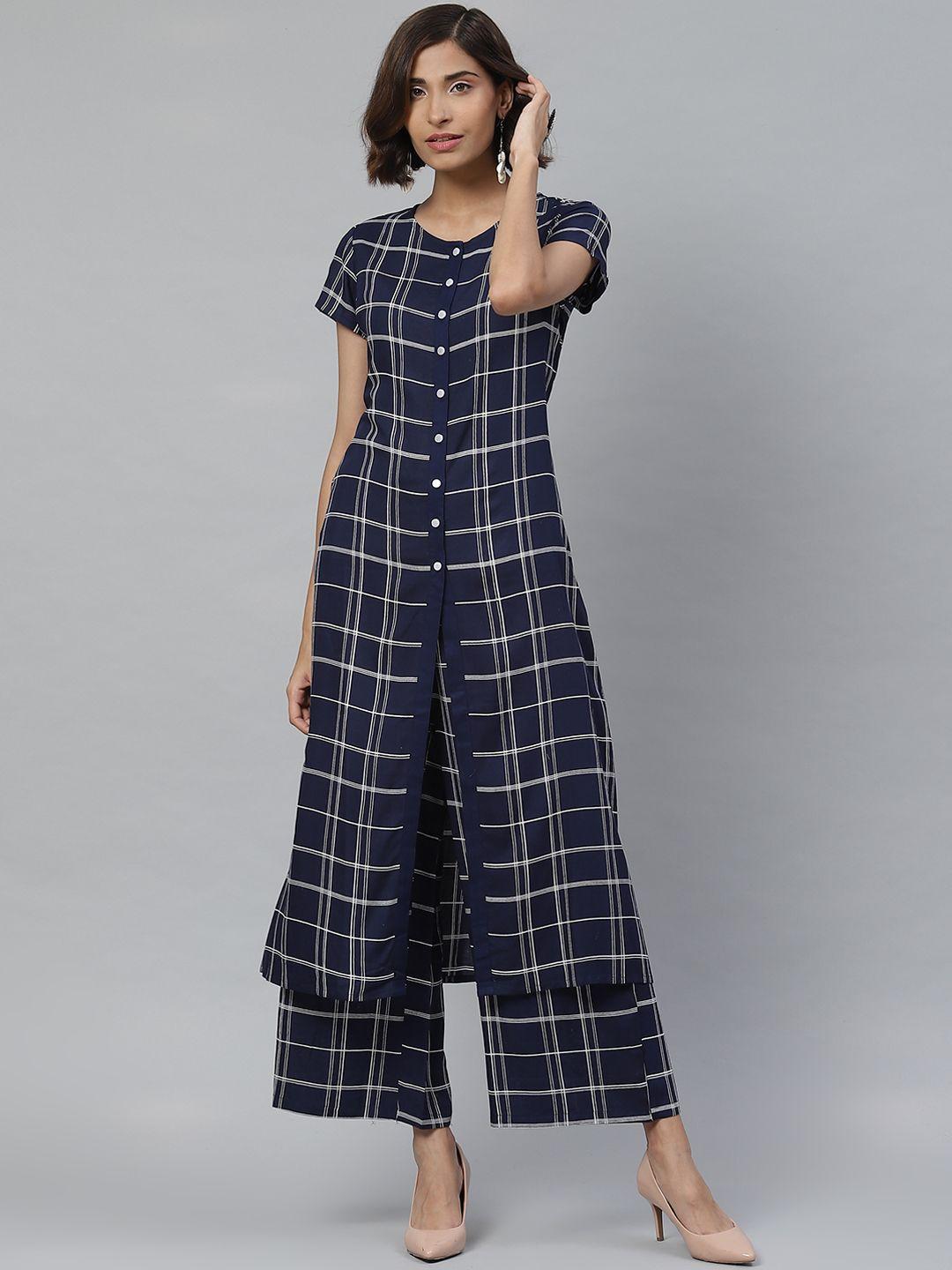 yash gallery women navy blue & white checked kurta with palazzos