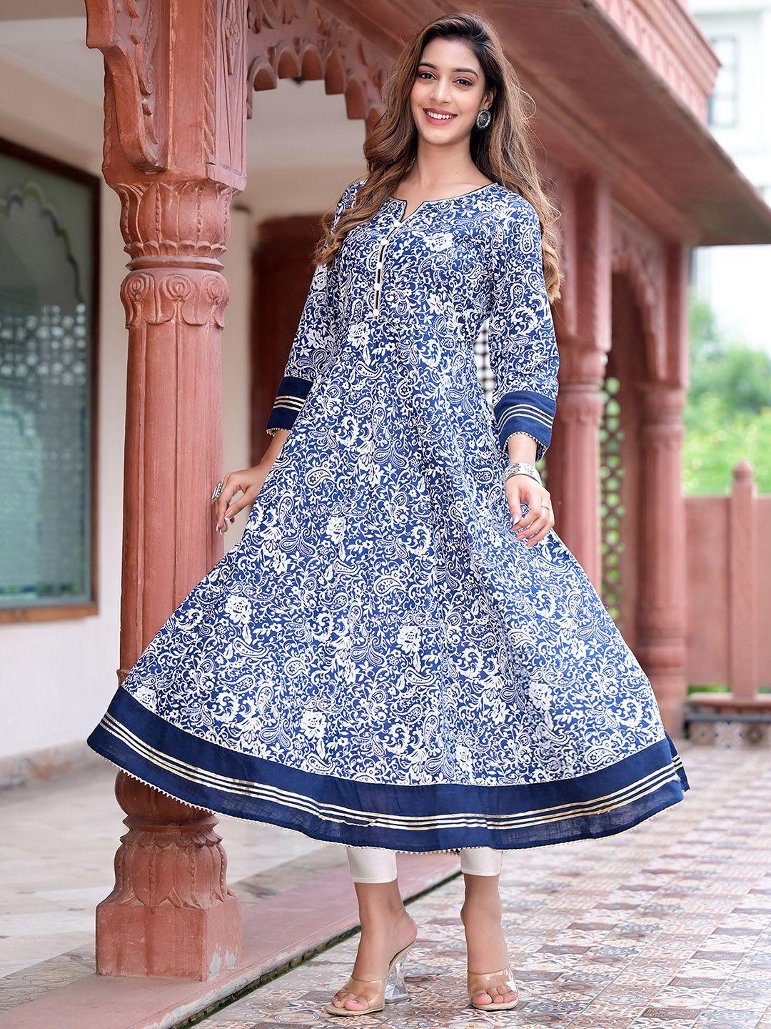 yash gallery women navy blue & white paisley print anarkali kurta