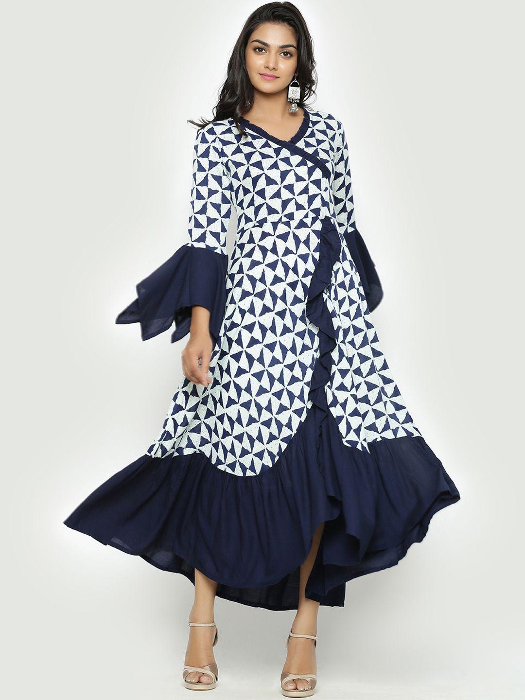 yash gallery women navy blue & white printed a-line kurta