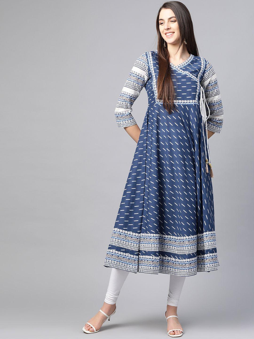 yash gallery women navy blue & white printed cotton angrakha anarkali kurta