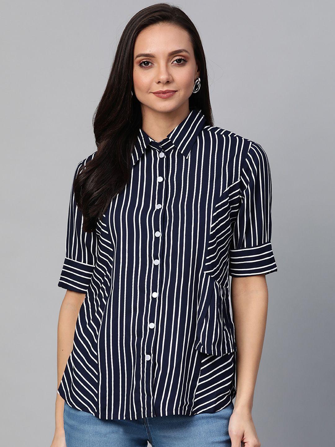 yash gallery women navy blue & white regular fit striped casual shirt