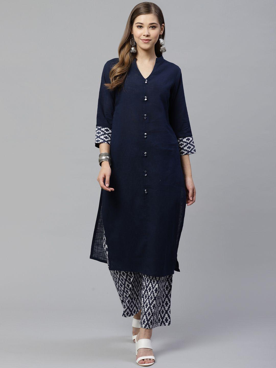 yash gallery women navy blue & white solid kurta with printed palazzos