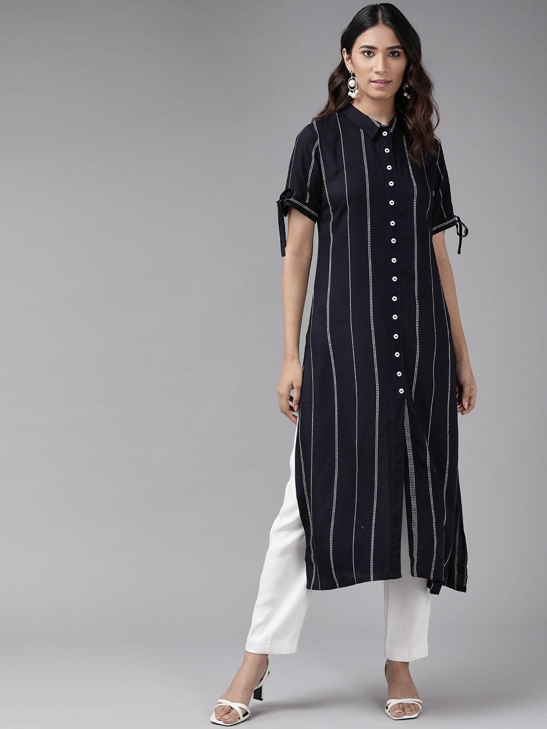 yash gallery women navy blue & white striped kurta