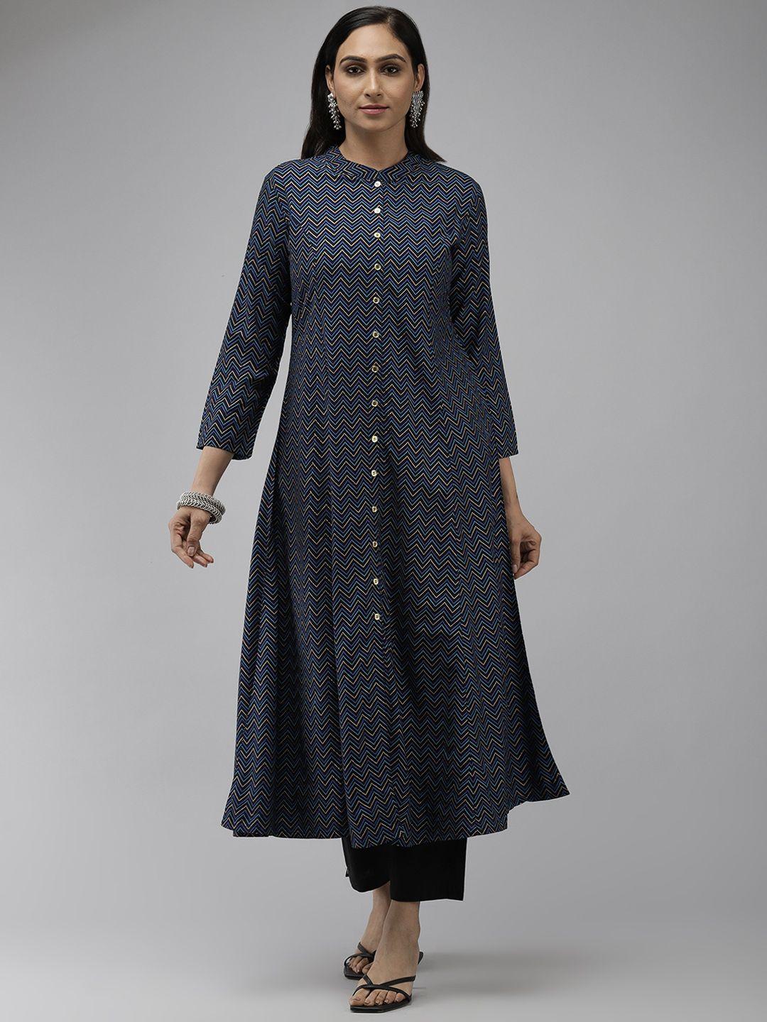 yash gallery women navy blue chevron printed anarkali kurta