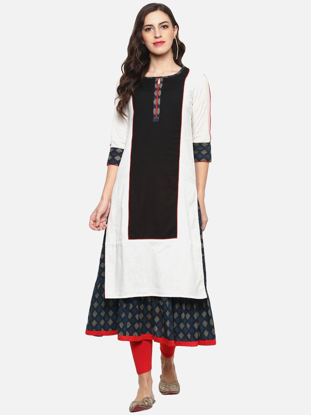 yash gallery women off-white & black printed a-line layered kurta