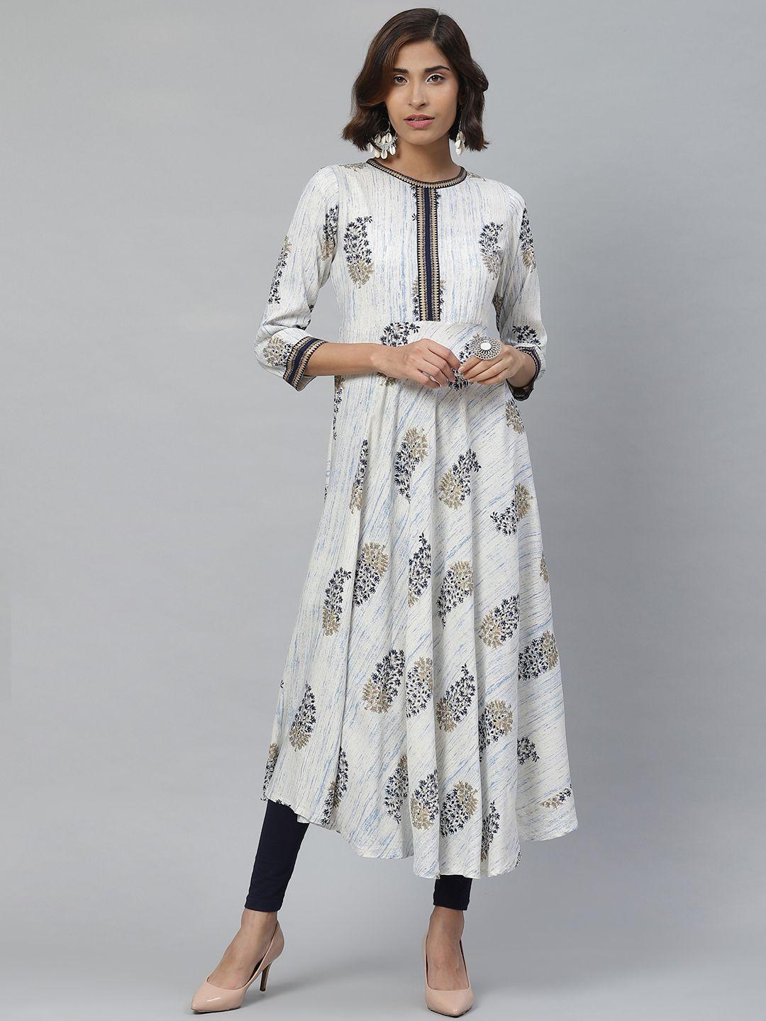 yash gallery women off-white & navy blue printed anarkali kurta