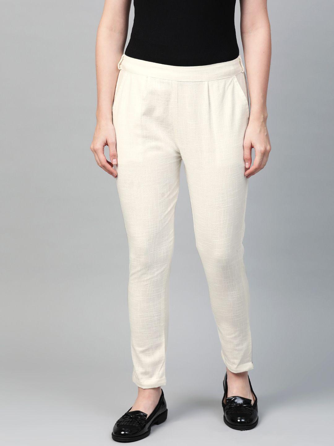 yash gallery women off-white regular fit solid trousers