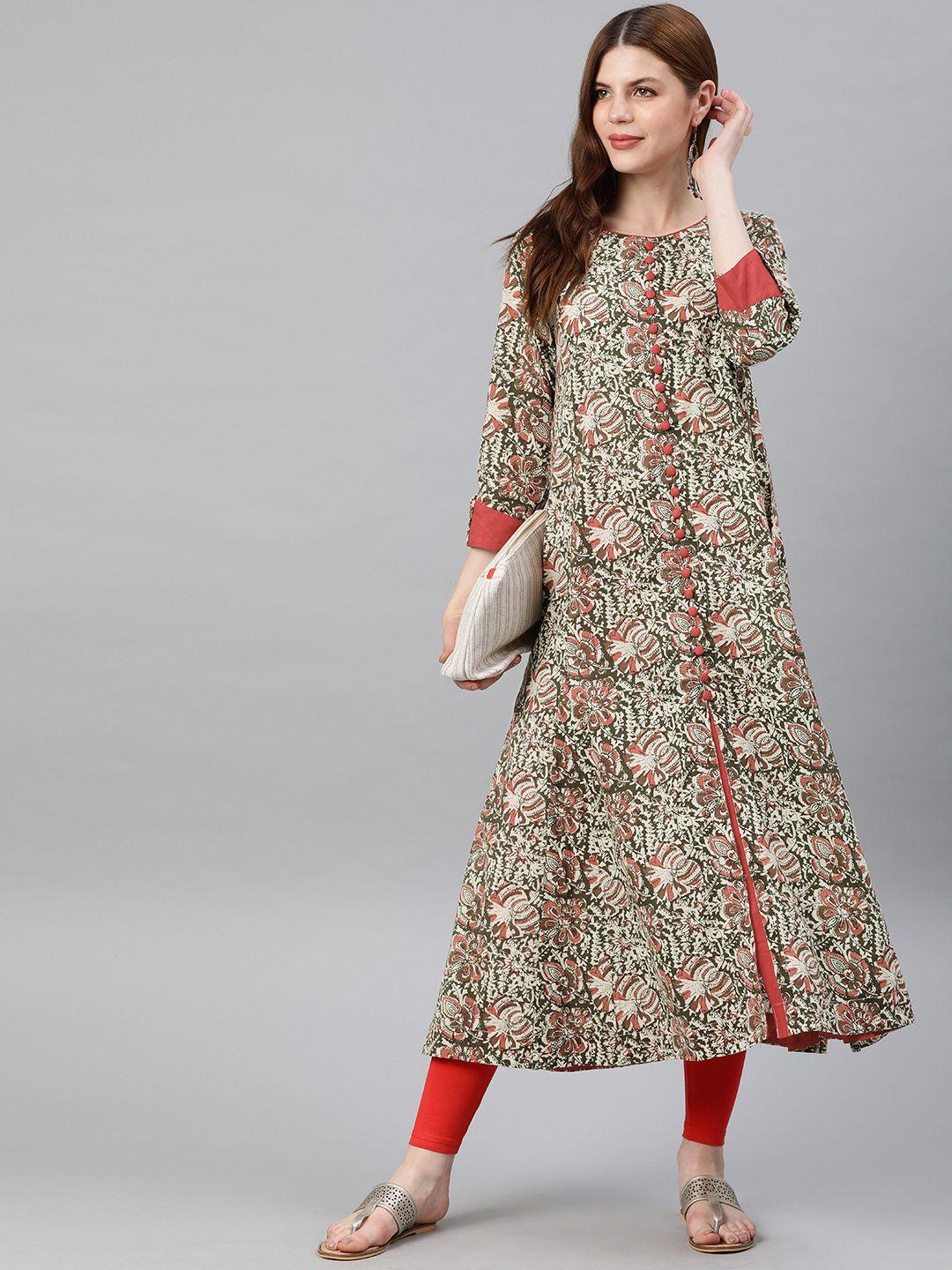 yash gallery women olive green & peach-coloured printed a-line kurta