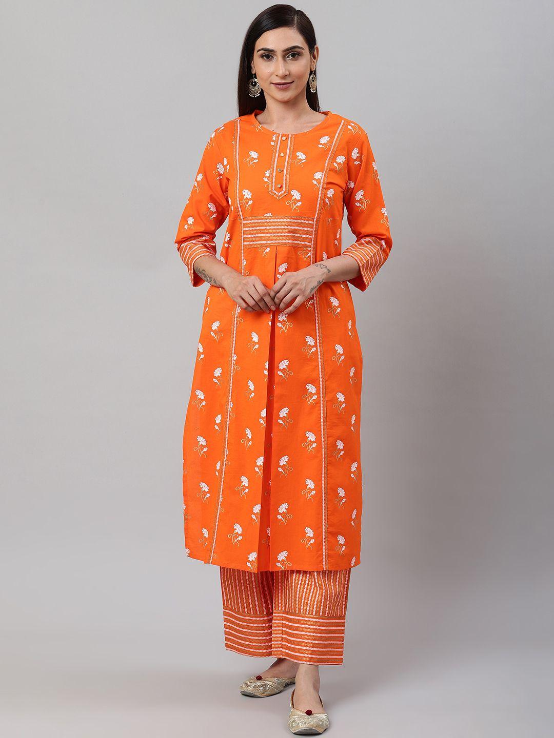 yash gallery women orange & white floral print kurta with palazzos