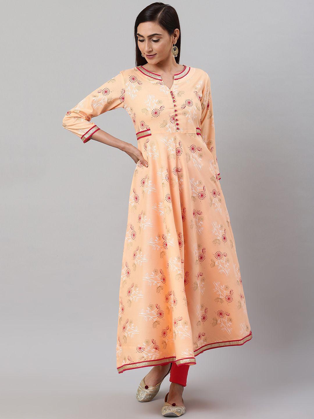 yash gallery women peach-coloured & white floral printed anarkali kurta