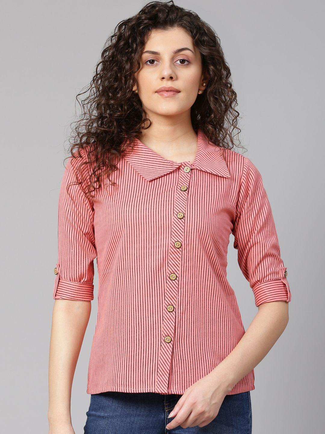 yash gallery women pink & black regular fit striped casual shirt