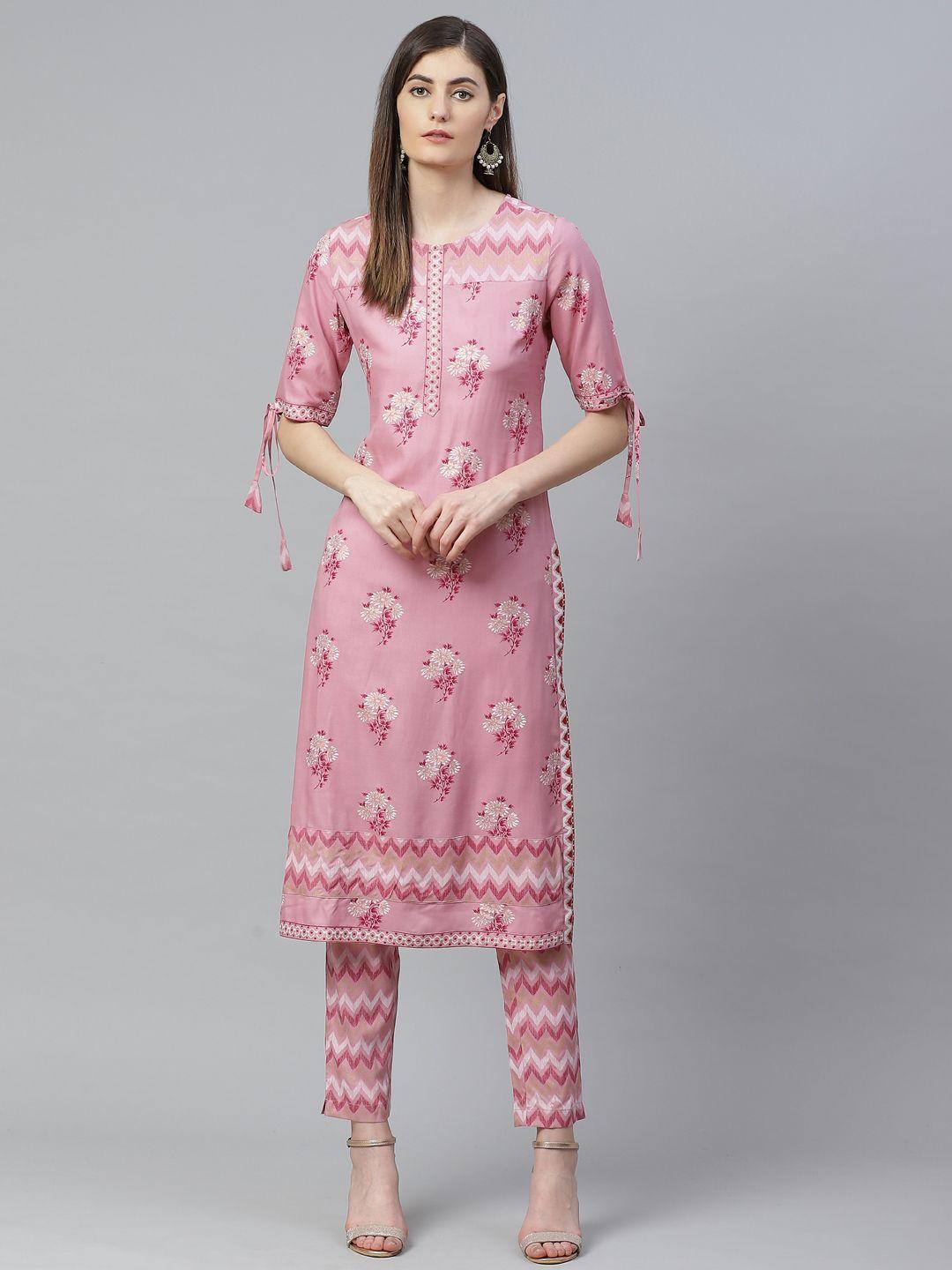 yash gallery women pink & golden printed kurta with trousers