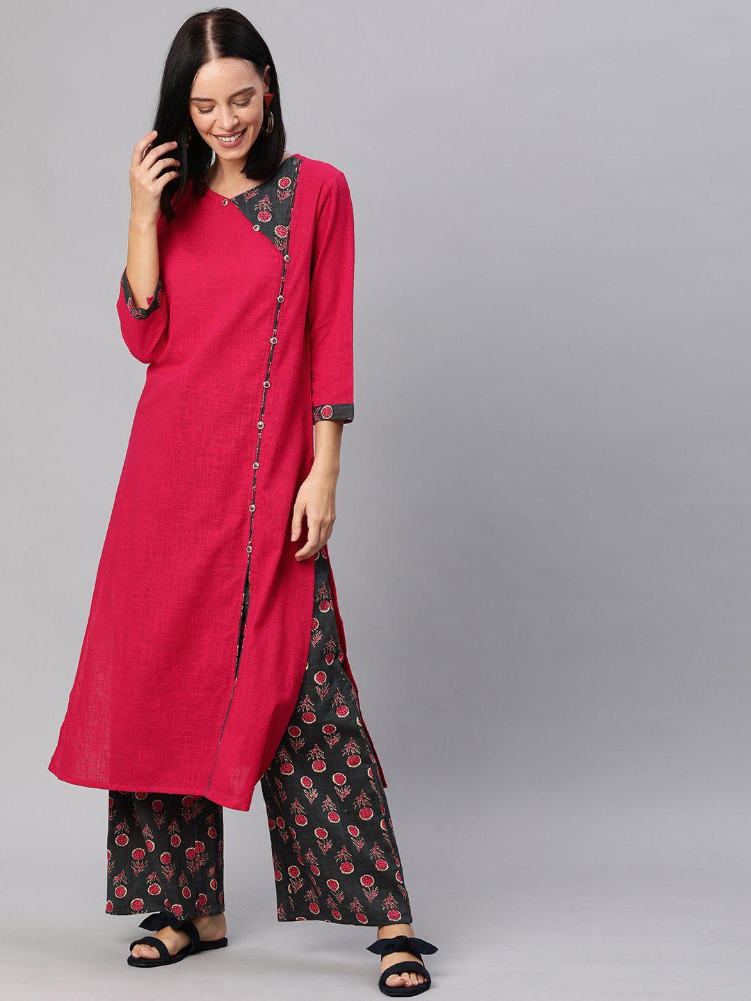 yash gallery women pink & grey solid kurta with palazzos