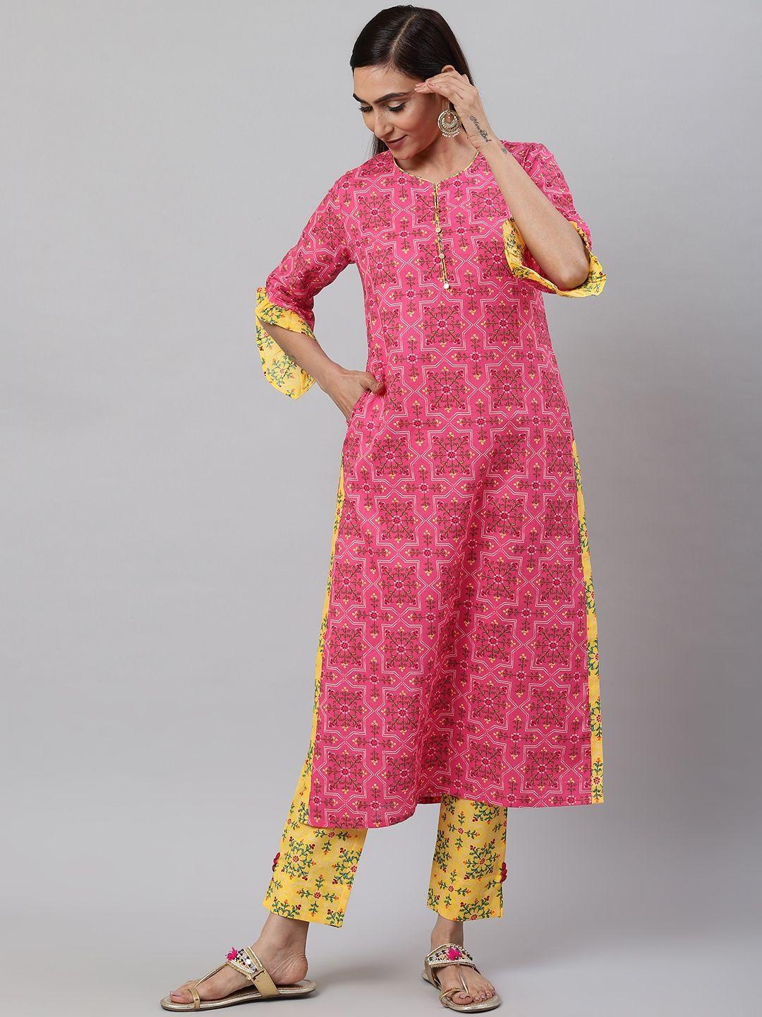 yash gallery women pink & yellow geometric print kurta with trousers