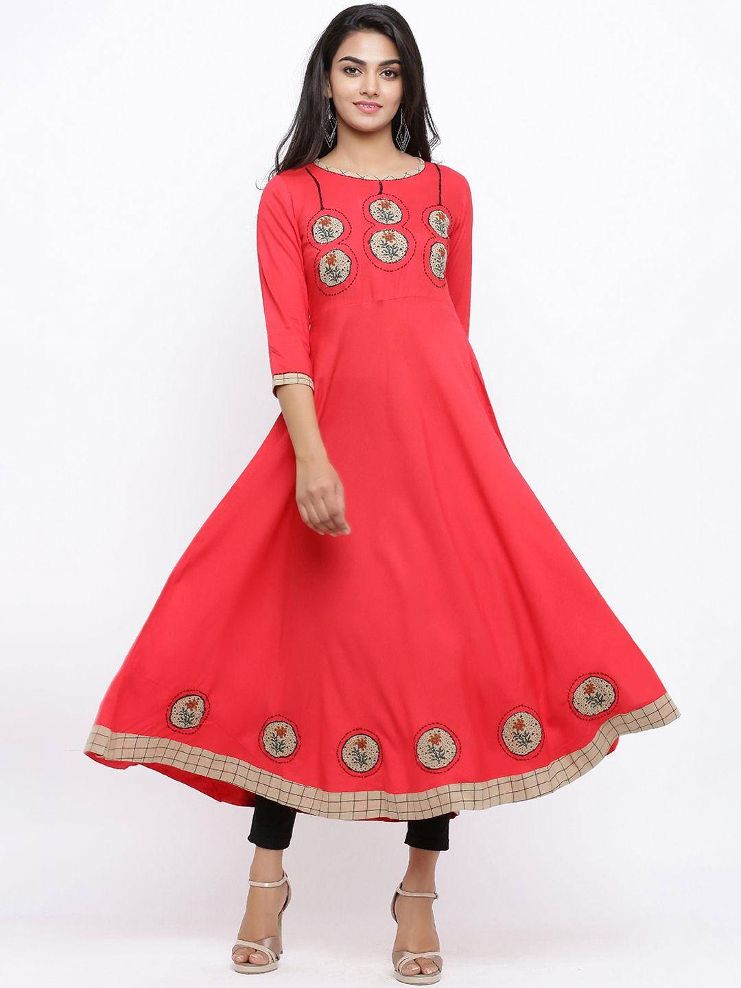 yash gallery women pink solid anarkali kurta with floral patchwork detail