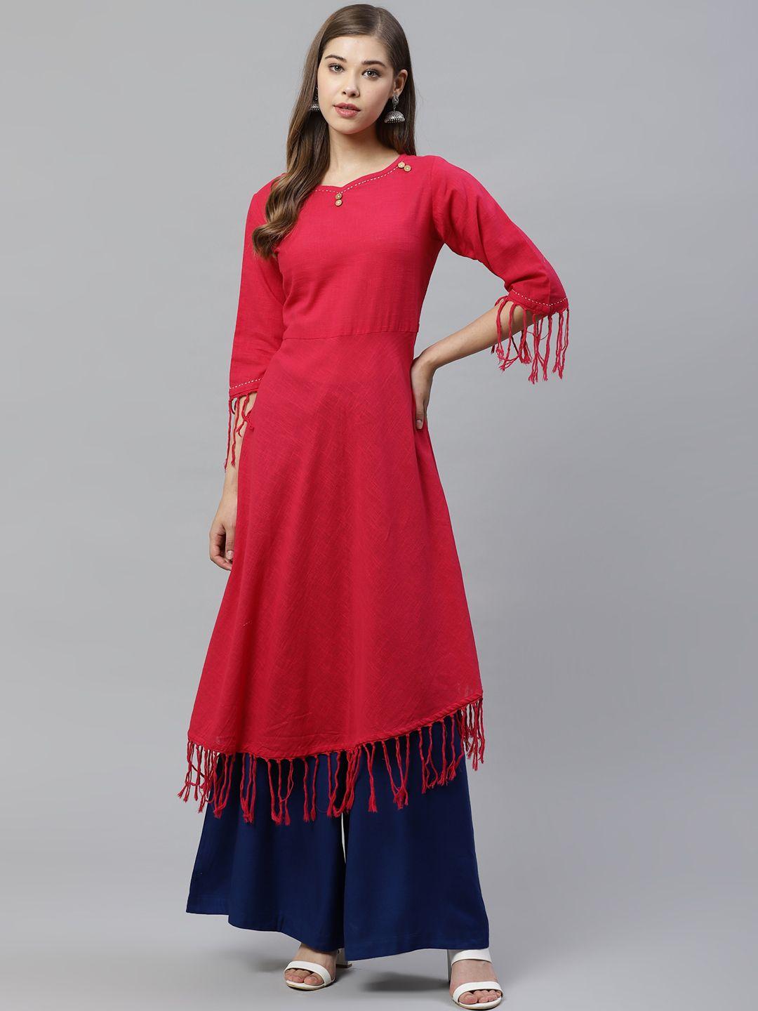 yash gallery women pink solid fringed a-line kurta