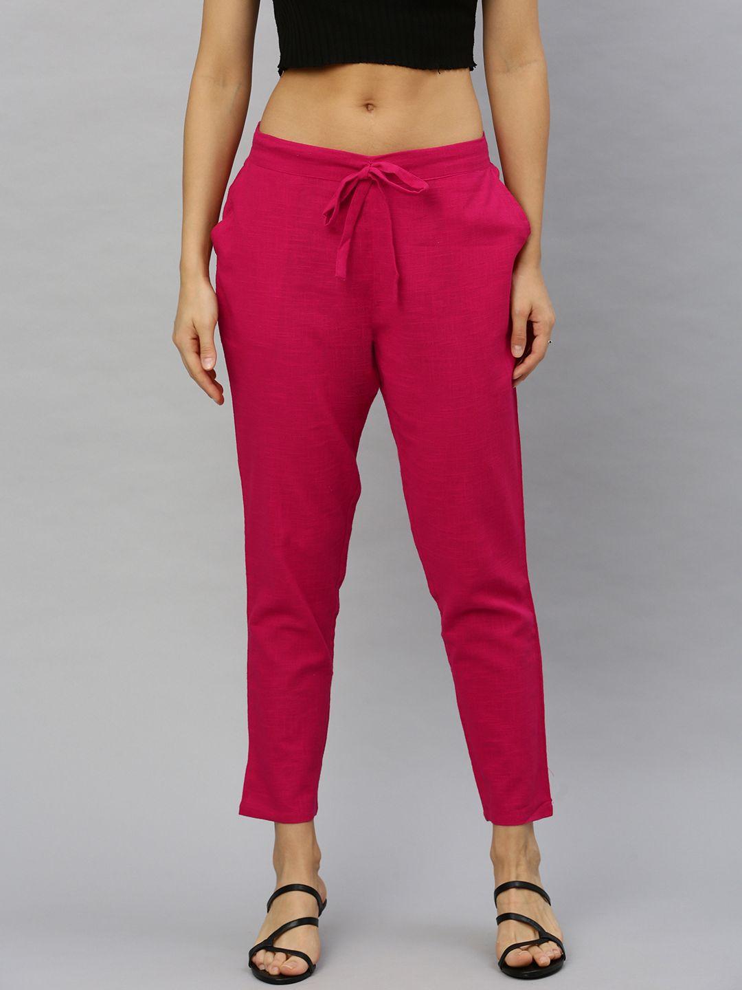 yash gallery women pink straight fit solid regular cropped trousers