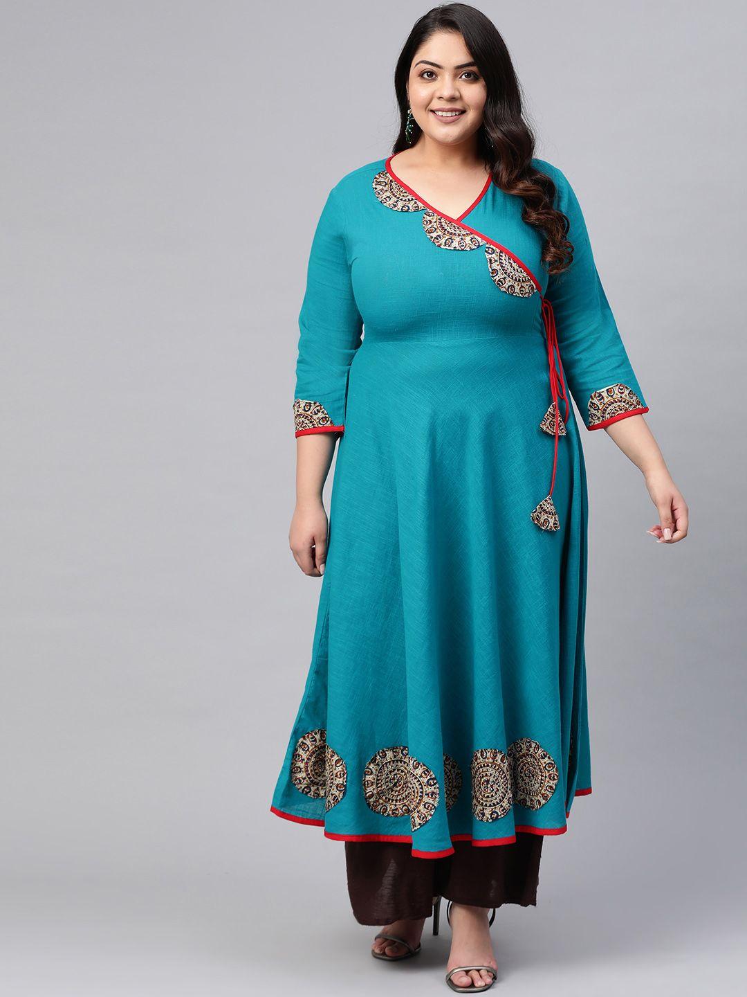 yash gallery women plus size blue & beige solid angrakha anarkali kurta