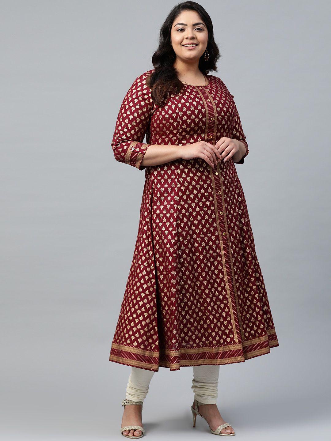 yash gallery women plus size maroon & golden ethnic motifs printed a-line kurta