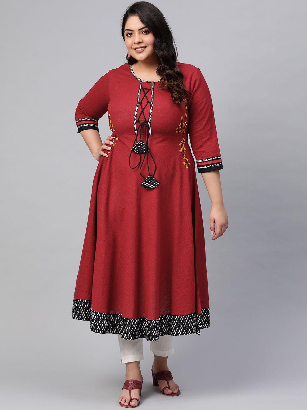yash gallery women plus size maroon embroidered detail a-line kurta