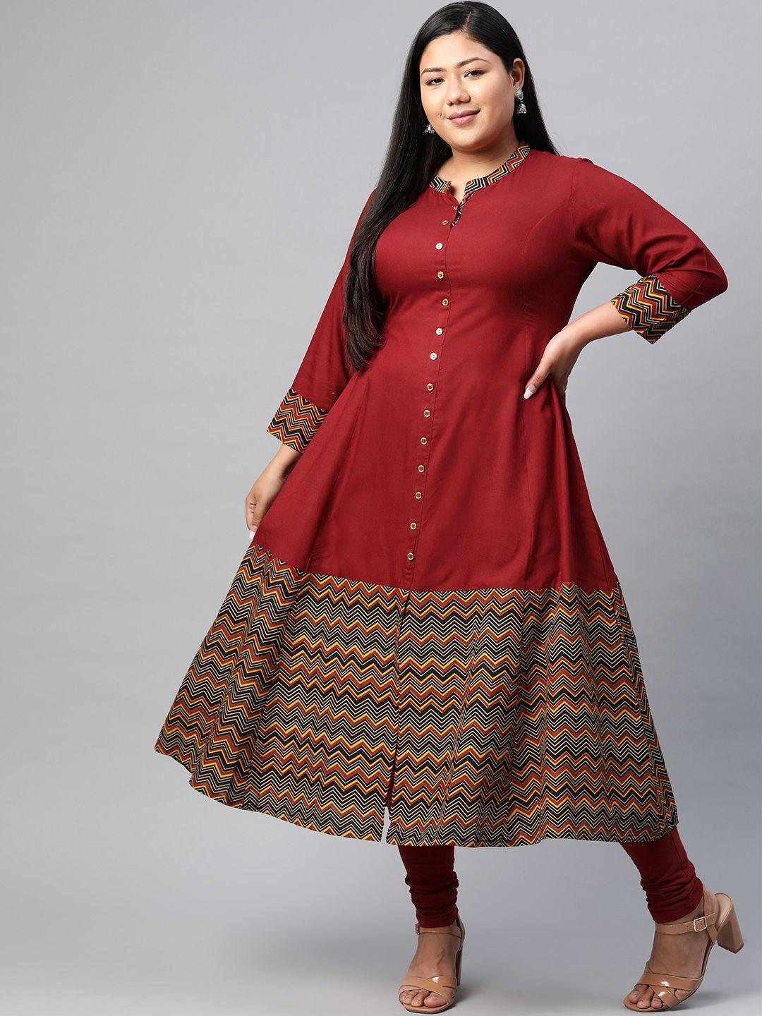 yash gallery women plus size maroon printed hem a-line kurta